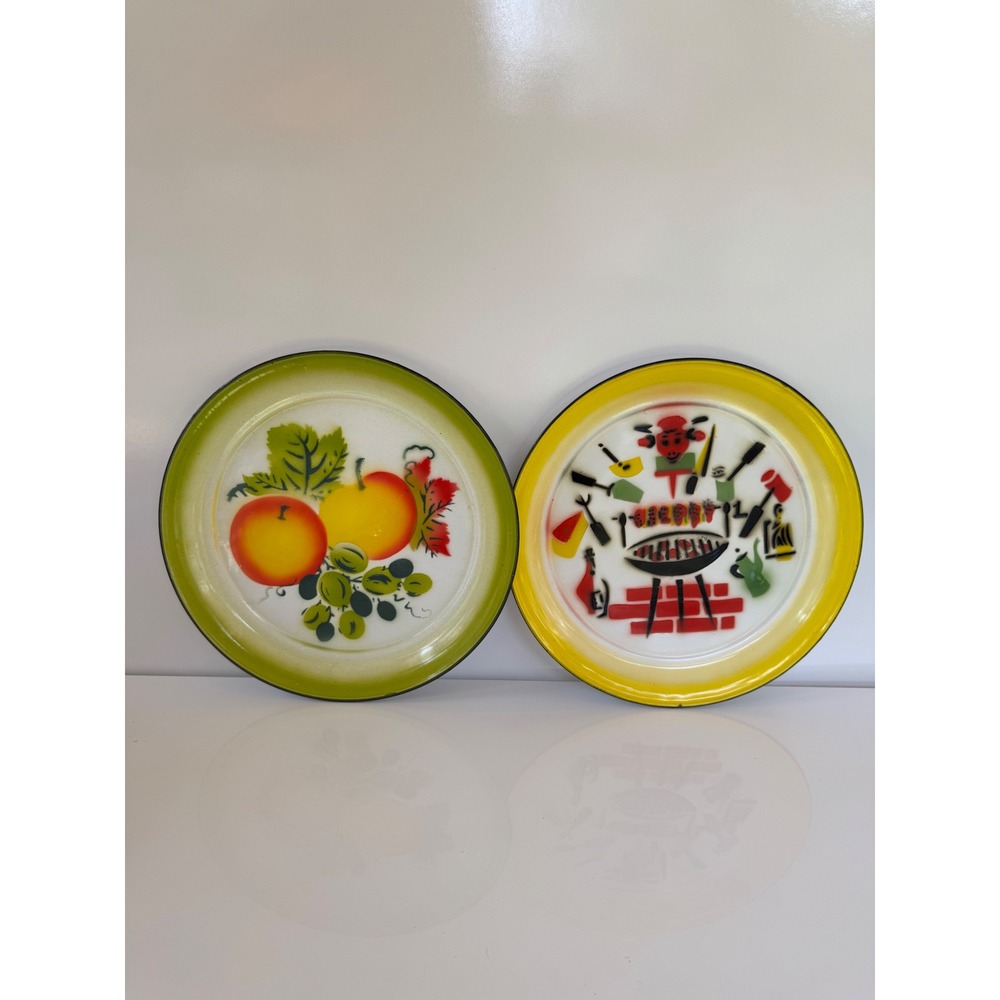 Vintage Enamelware Metal Plates Set 2 Barbecue BBQ Fruit MCM 12 Inch